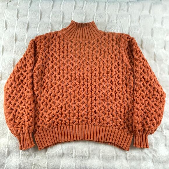 🔥Handmade Cable Knit Turtleneck Orange Pullover Cabin Cottage Retro Sweater - Picture 4 of 13